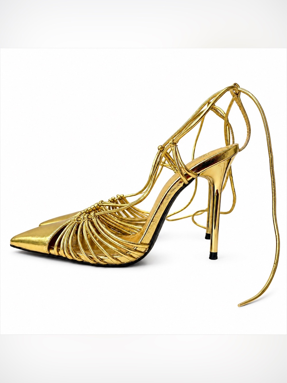 ZARA | Gold, Lace-up, Metallic, Stiletto Heels, Pointed Toe | Women’s Size: 38 - Picture 2 of 6